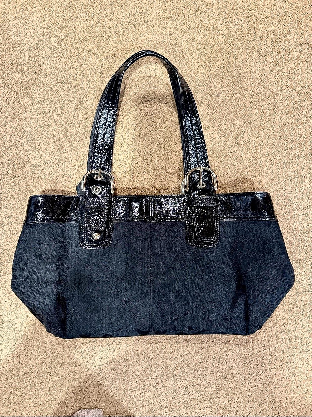 Coach Poppy Signature Black Patent Leather Trim Tote Bag F13742 Trim Tote Bag